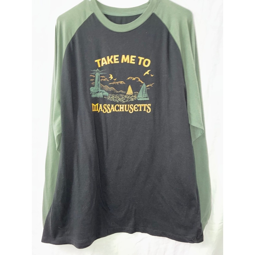Home Raglan Tee Mens XL Black Green Massachusetts Souvenir Long Sleeve Graphic